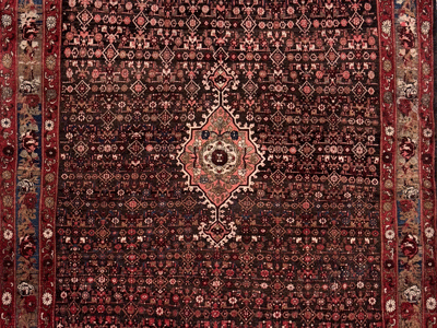 detail of a brown mahi pattern medallion design bijar rug