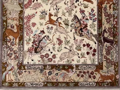 silk rug with hunting pattern very fine